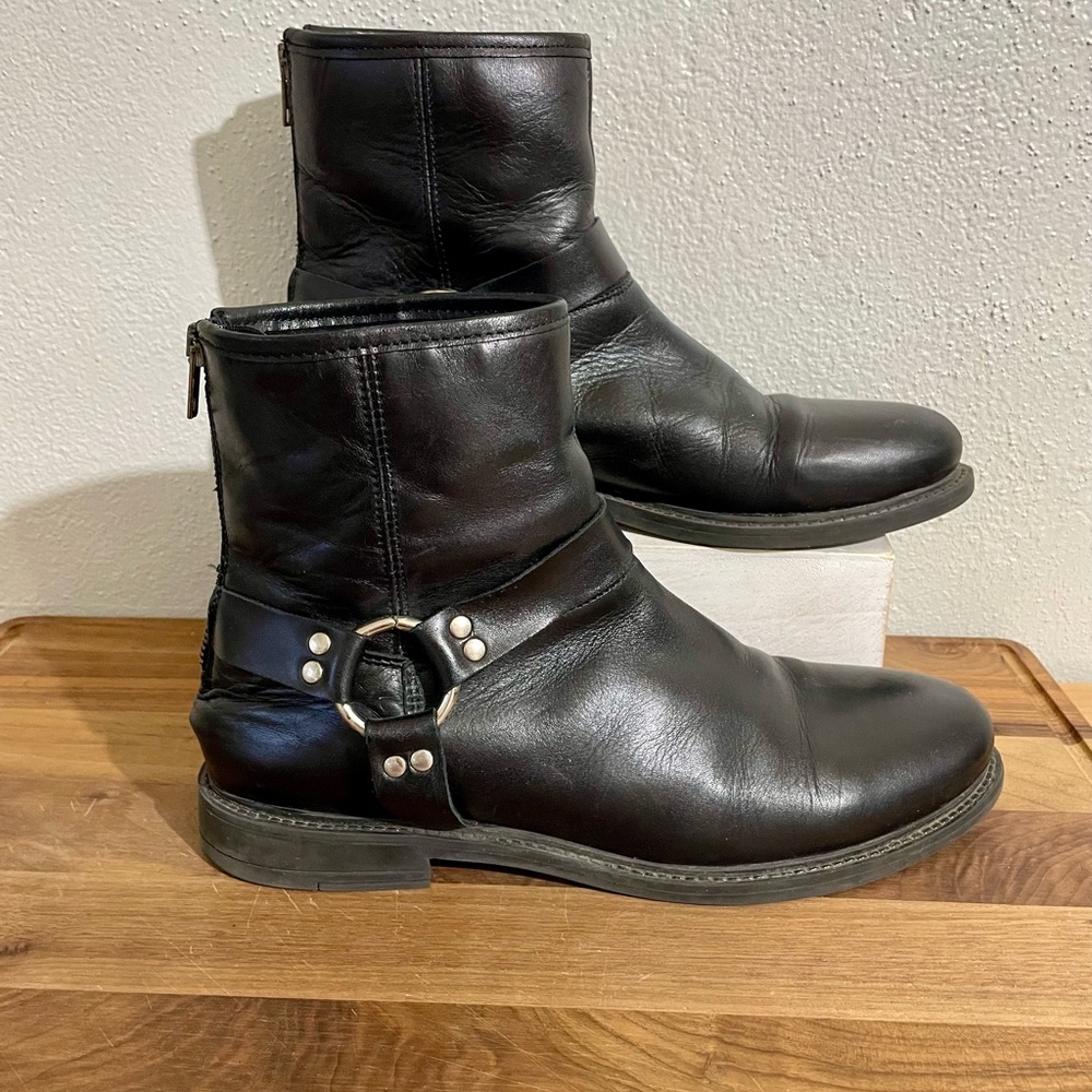 Avellini Black Leather Harness Ankle Boots Zip Moto Rocker Edgy Goth Biker Urban
